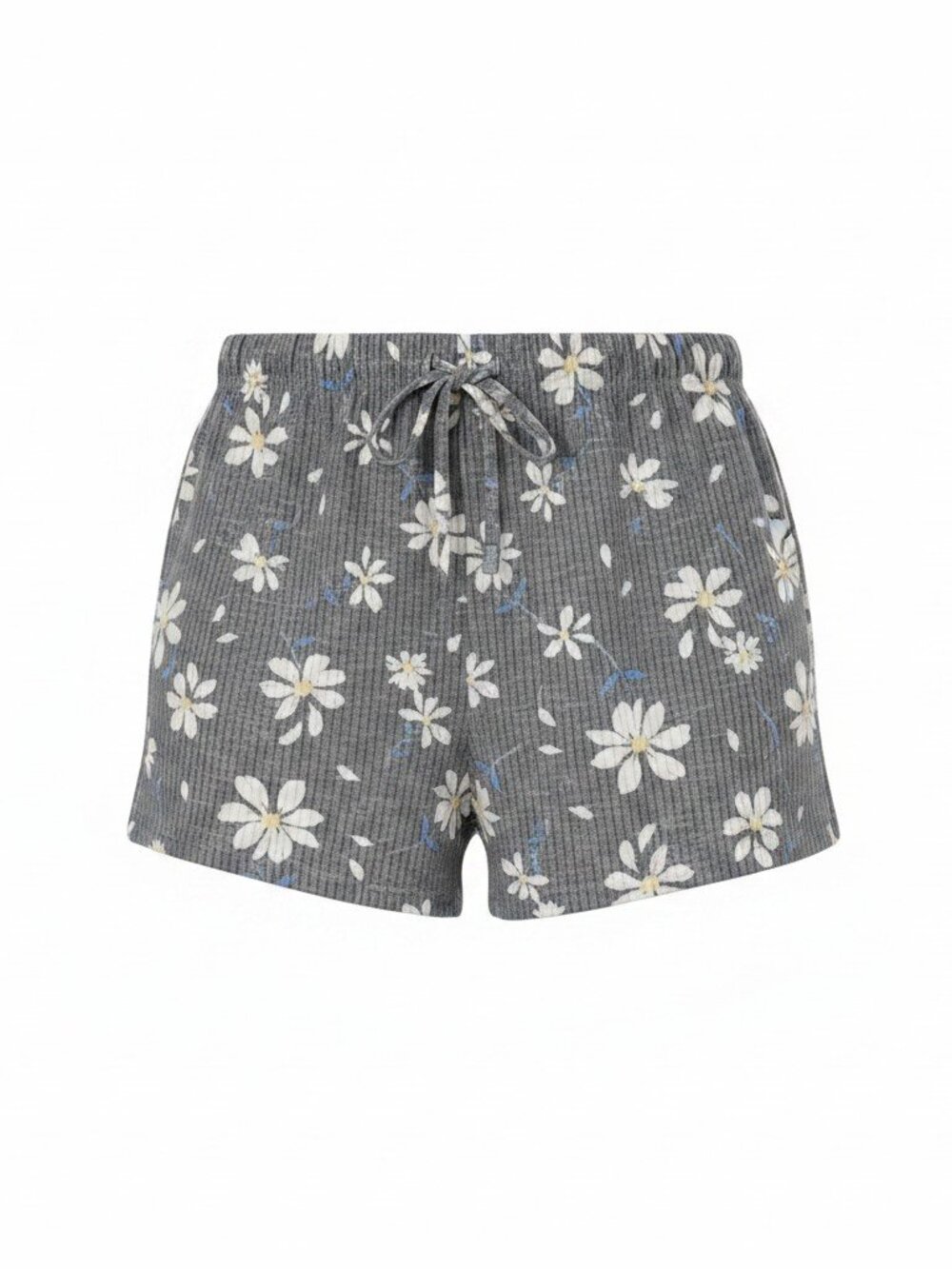 Floral Ribbed Drawstring Lounge Shorts - Grey/Blue - Size XL